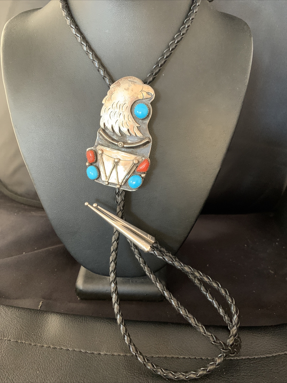 Eagle Head Bolo Tie Mens Blue Kingman Turquoise Coral Sterling Navajo 13670