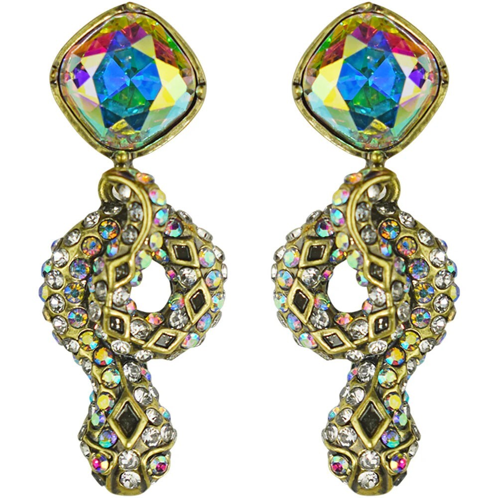 Kirks Folly Medusa Crystal Serpent Pierced Earrings ~ brass ox