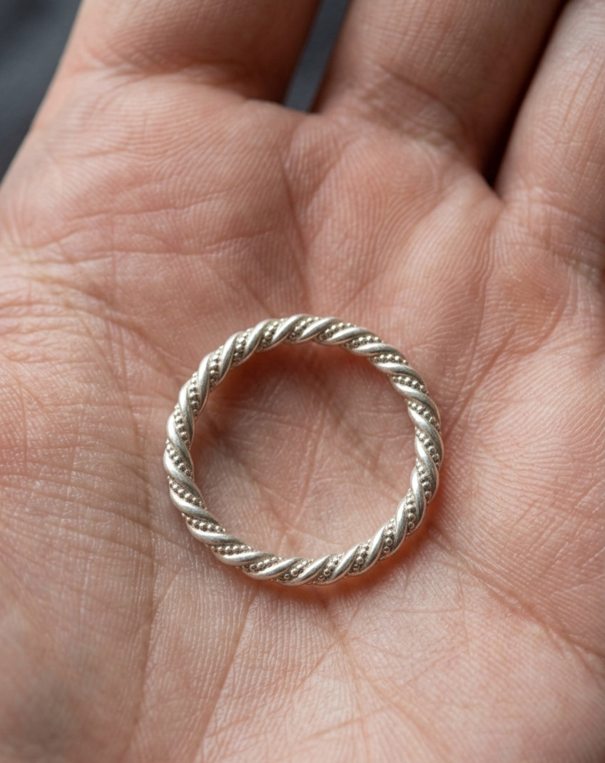 925 Silver Twisted Rope Ring, Beaded Edge Band, Handmade Unisex Silver Jewelry