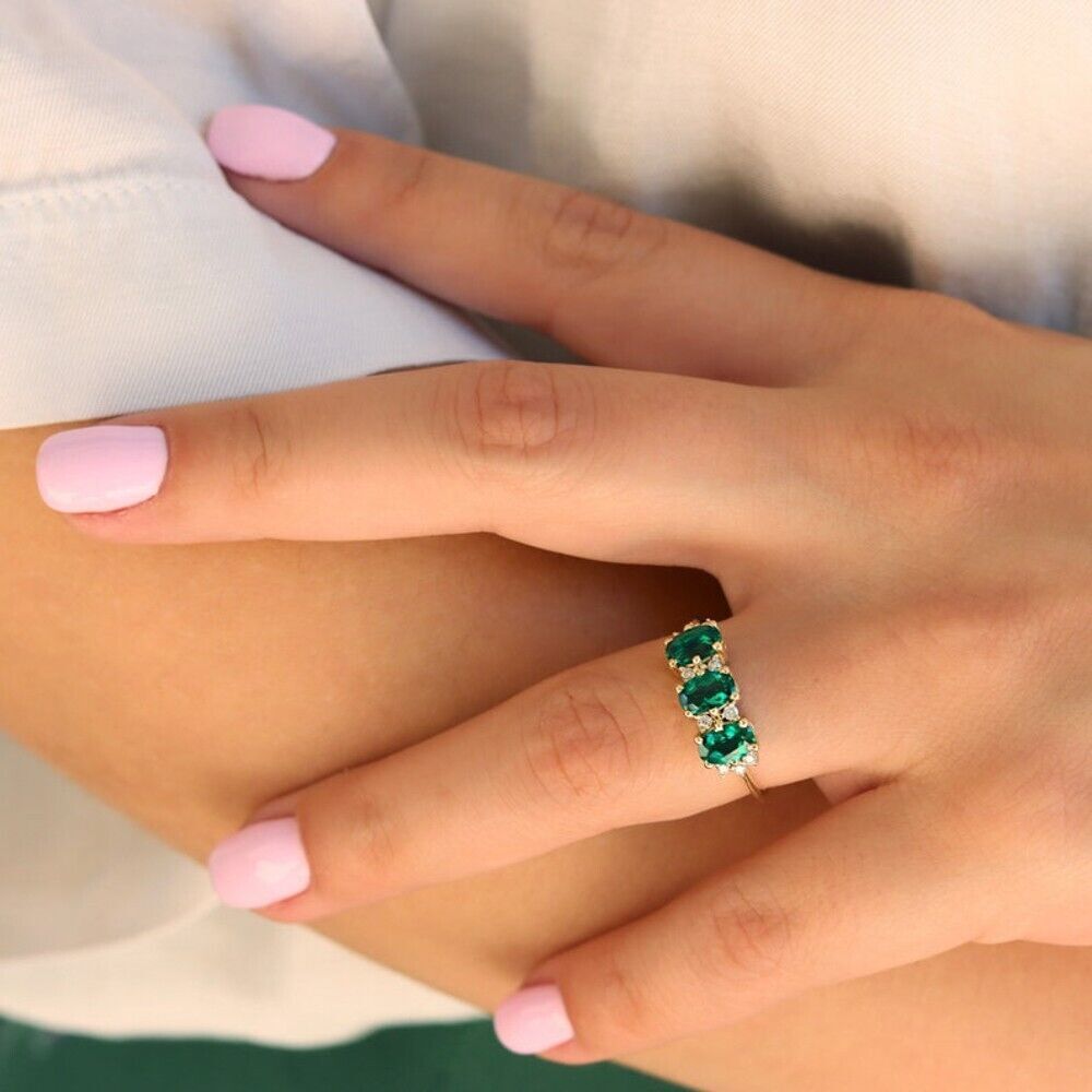 Green Emerald Wedding Ring 14K Yellow Gold Certified 1.35 Ct Lab Created Diamond