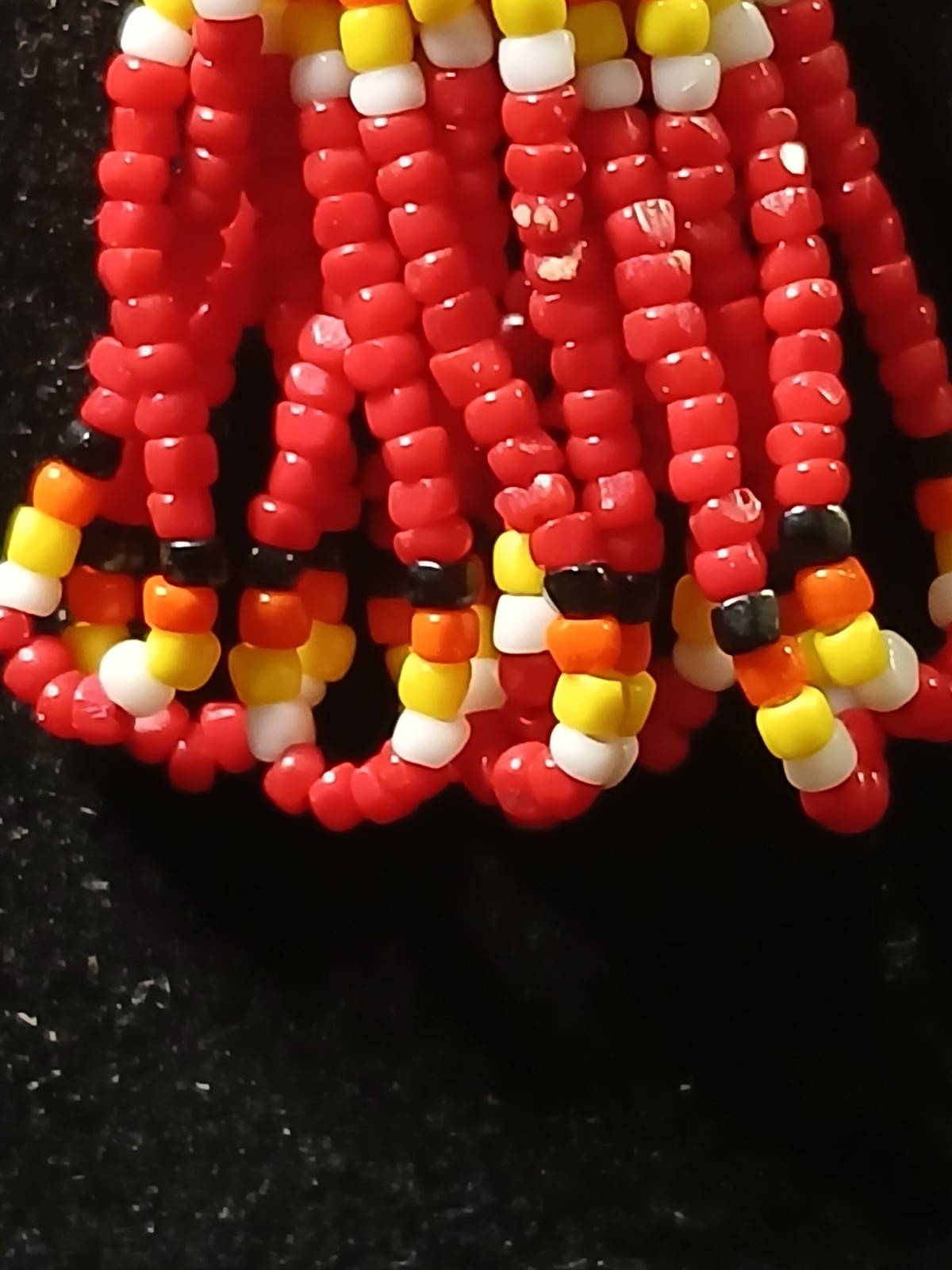 Handmade First Nation Woman Earrings With White Red Black And Yellow Seedbeads