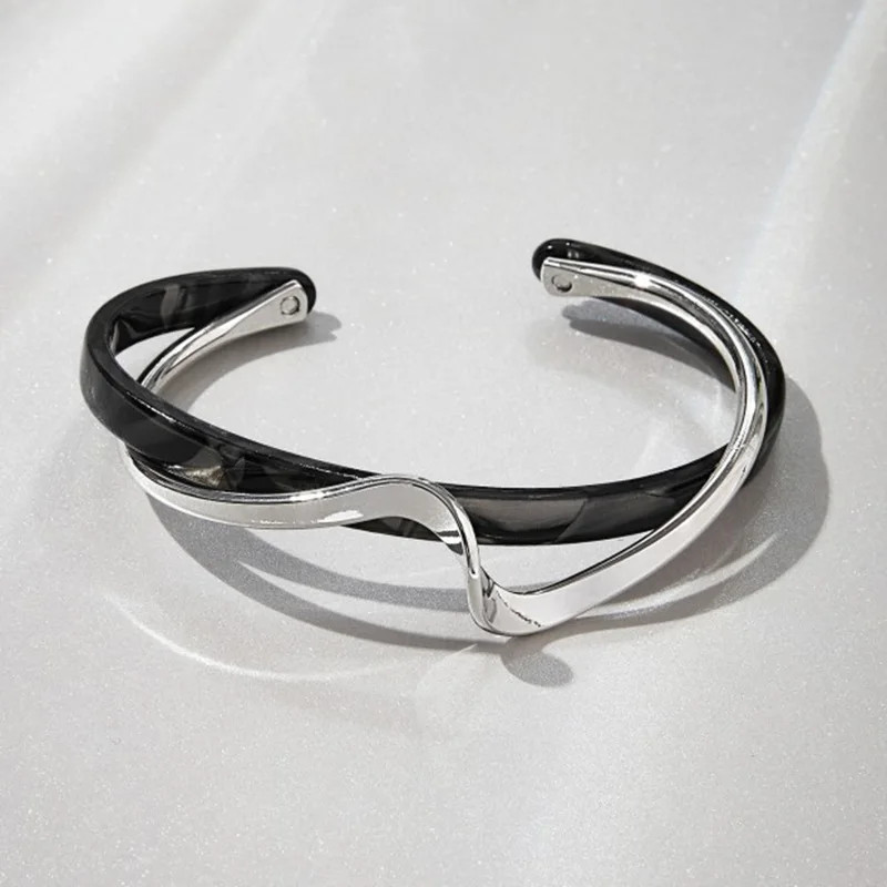 White Acrylic Bracelet Geometric C Shaped Open Metal Bangle Adjustable Jewelry