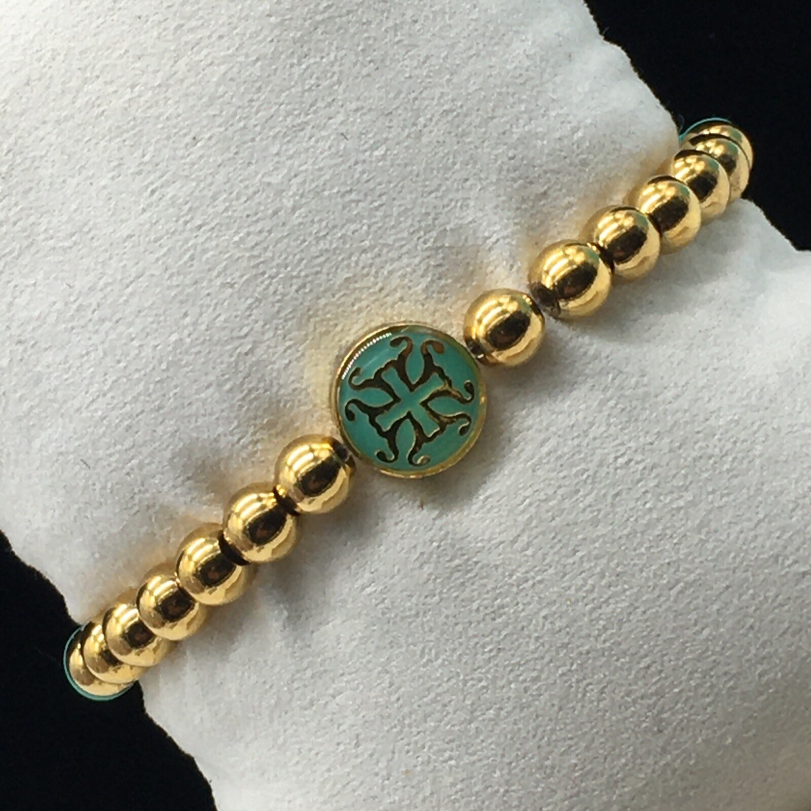 Rustic Cuff Mini Melanie Gold Tone Bracelet Teal Silicone Beaded Charm Logo