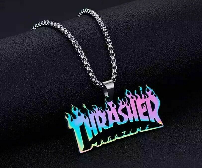 Thrasher Magazine Rainbow Flame Skater Pendant Necklace Stainless Steel NEW