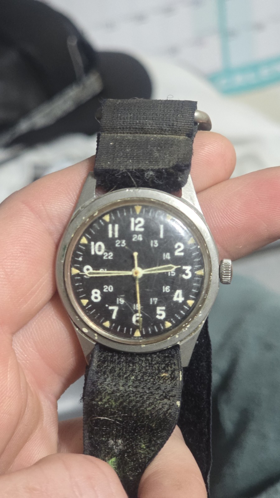 Benrus MIL-W-3818B 1967 Military Manual Wind Watch Black Dial Nylon Strap