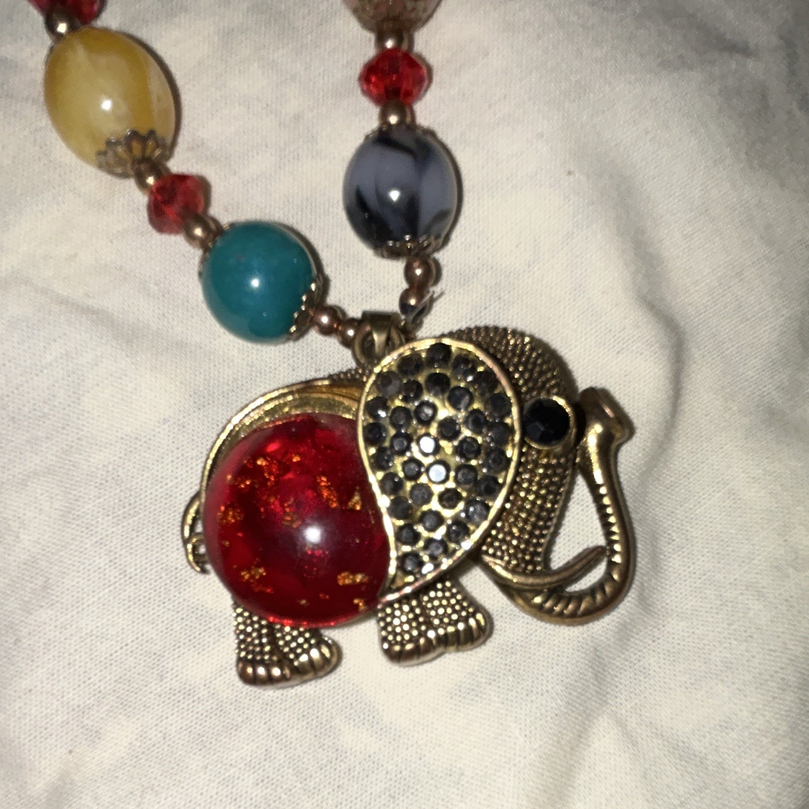 Multicolor Beaded Ball Chain Necklace Elephant Charm Pendant Plastic Metal