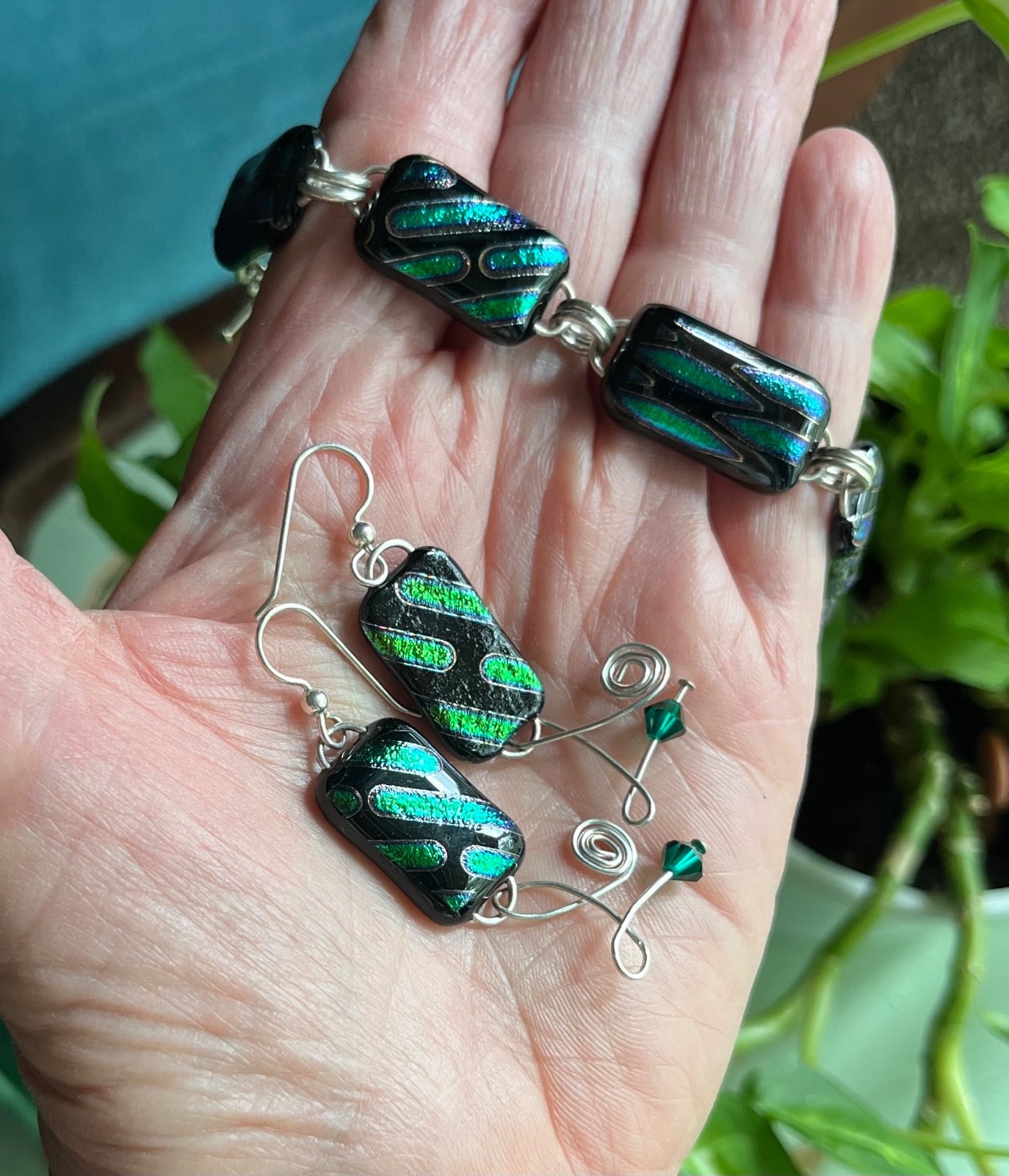 Sterling Silver Handmade GREEN/BLACK Metallic BRACELET Pierced EARRINGS Set