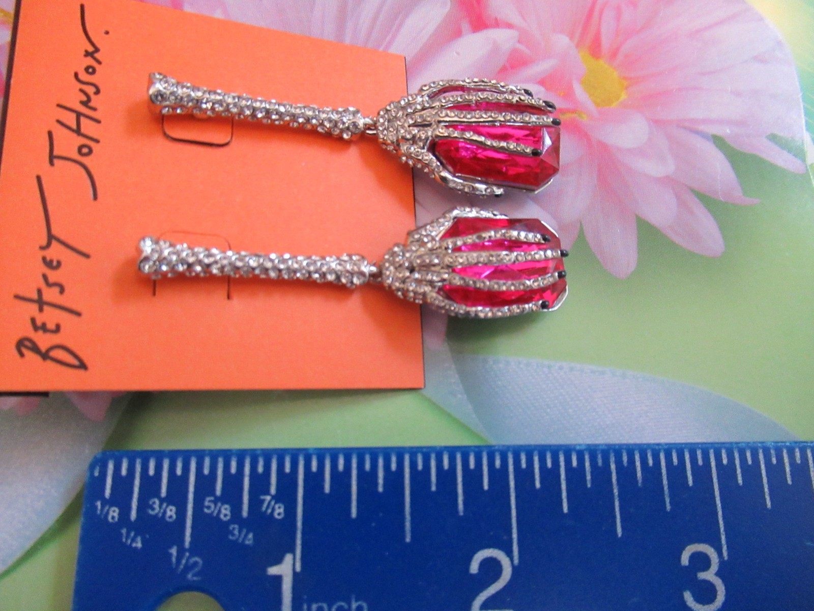 Betsey Johnson Rich Witch Hanging Skeleton Hands Crystals Pink Gem Drop Earrings