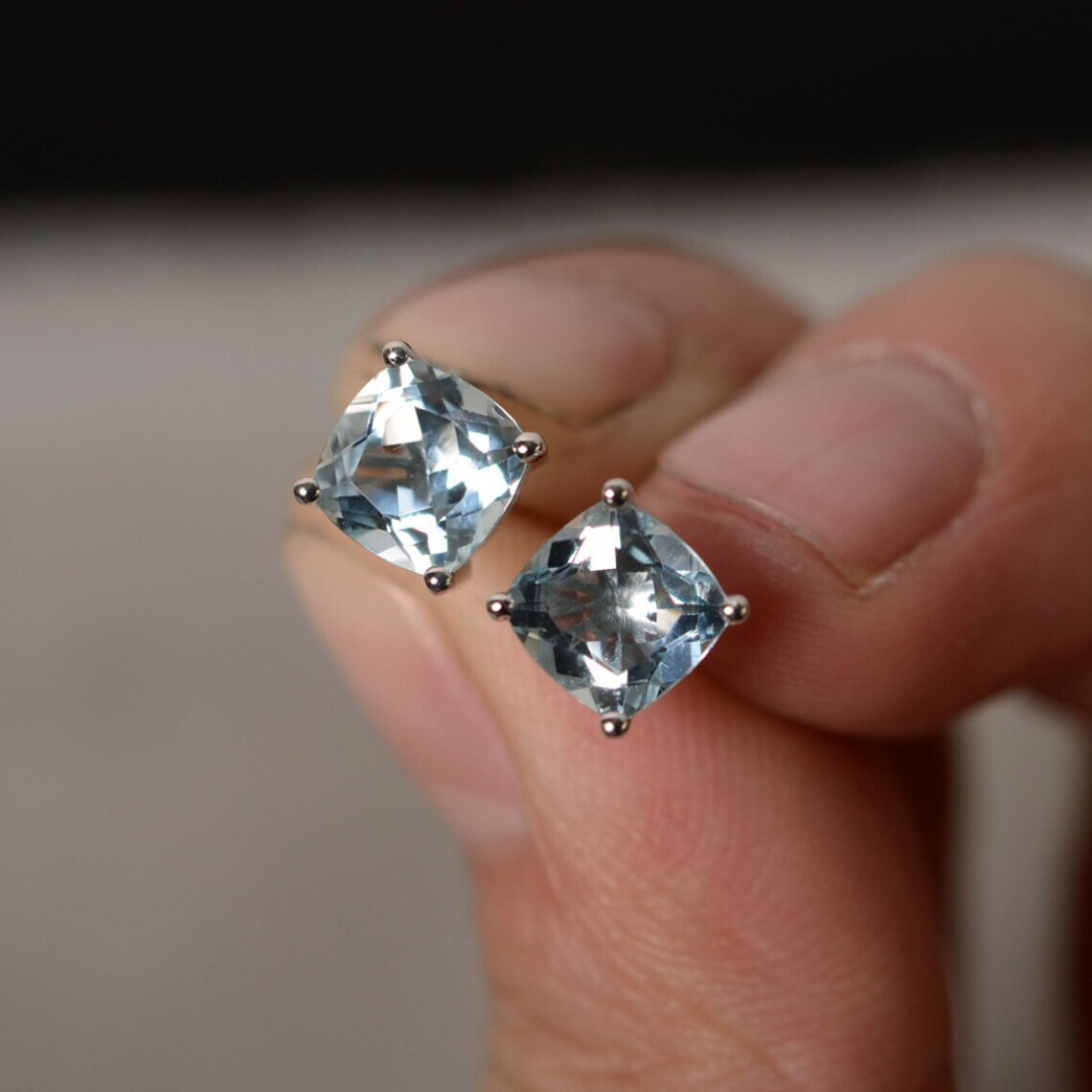Aquamarine Cushion Cut Gemstone 925 Sterling Silver Women Designer Stud Earrings