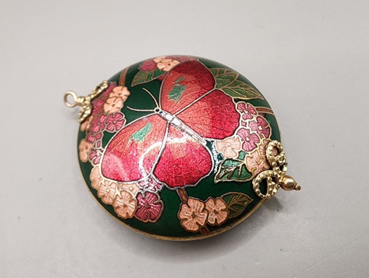 Vintage Cloisonne Enamel Butterfly Pendant Round Solid Charm Floral Green 14g