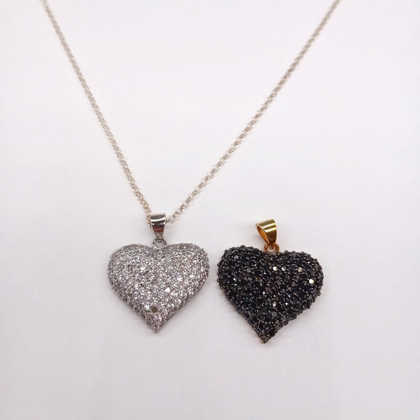STERLING SILVER Pair of Silver & Black Diamante Heart Pendants Necklace