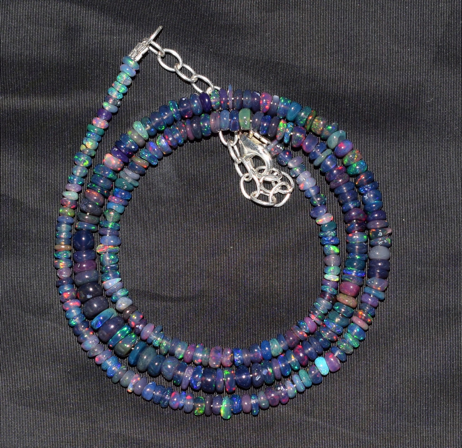 16”Natural Ethiopian Black Opal 925 Sterling Silver Roundel beaded Necklace
