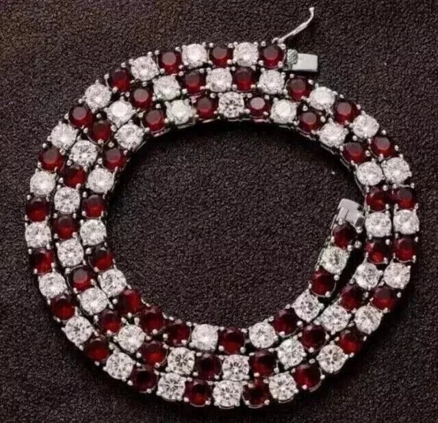 14k White Gold Plated 15TCW Round Cut Lab Created Ruby & Diamond Tennis Necklace