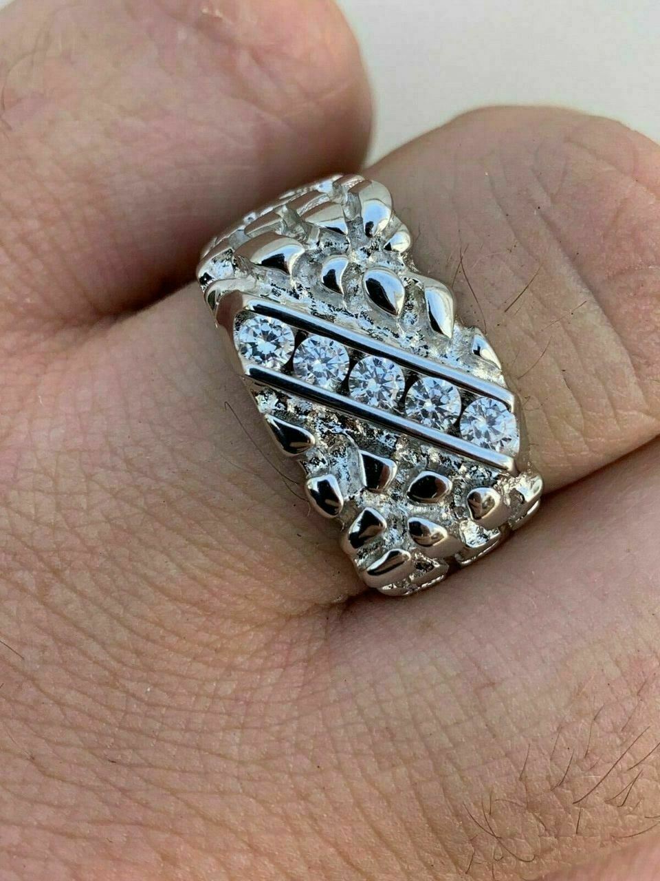 Mens REAL Solid 925 Sterling Silver CZ Hip Hop Nugget Ring 7-13 Pinky Super Iced