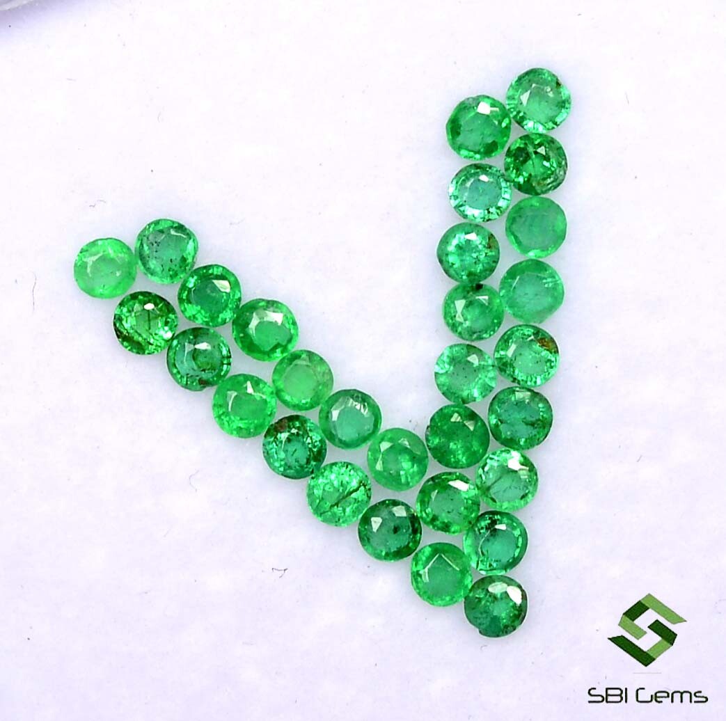 Natural Emerald Round Cut 2 mm Lot 30 Pcs 0.98 Cts Lustrous Zambian Loose Gems