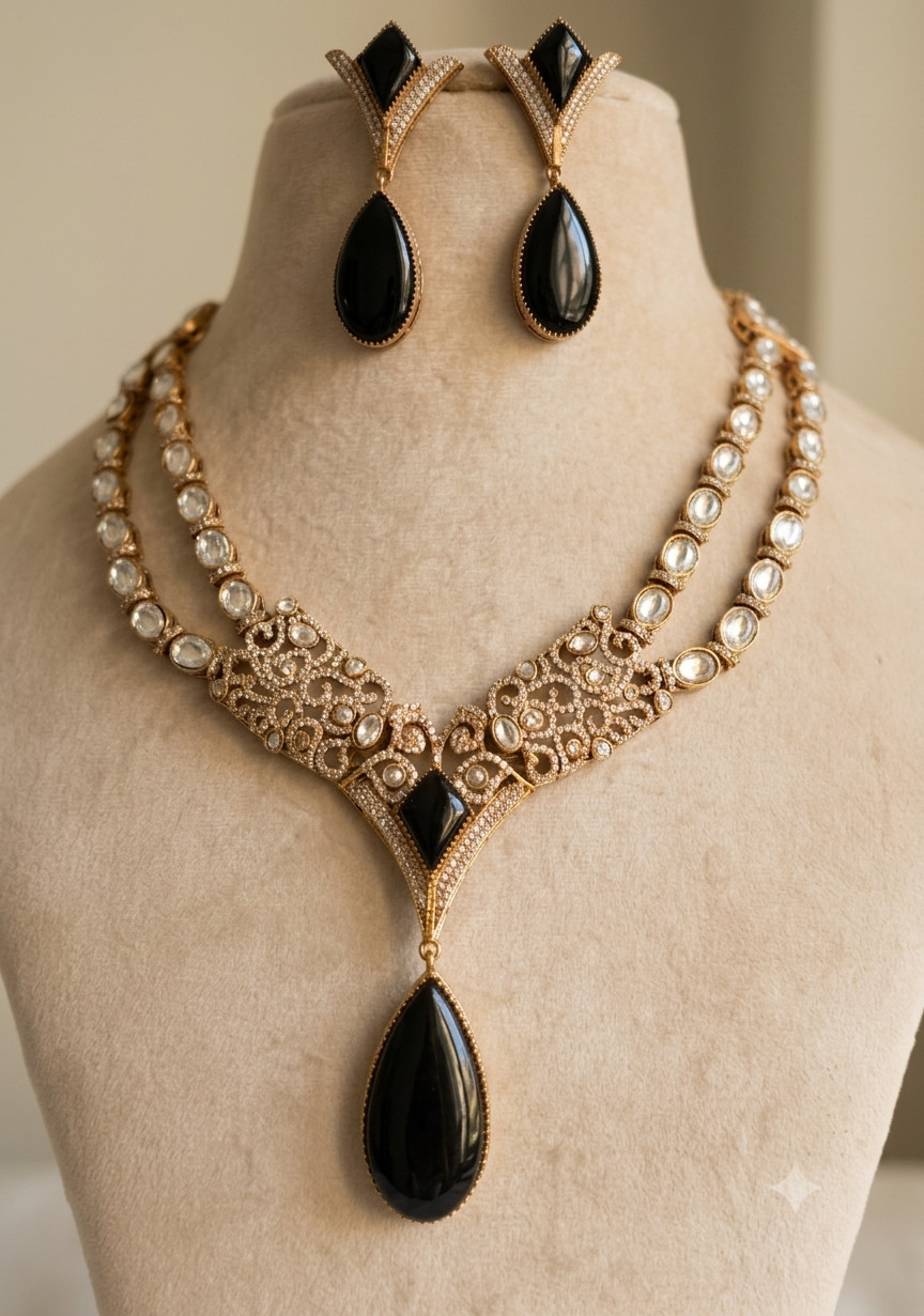 Mehar Indian Bridal Black Onyx Kundan Necklace with Kundan Pendant Roz Jewell