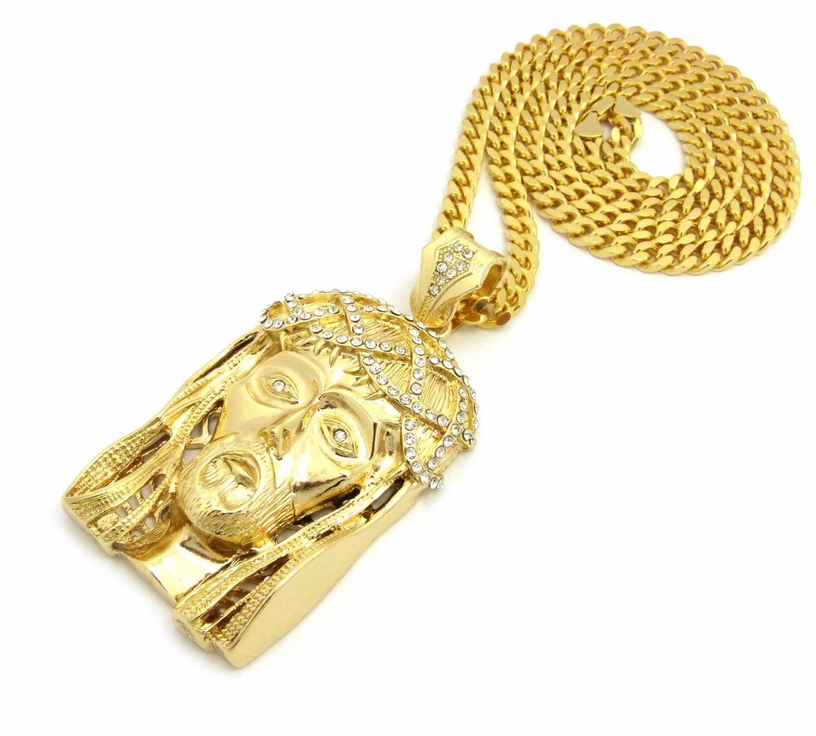 Hip Hop Iced Gold Plated Alloy Cubic Zirconia Big Jesus 30″ Cuban Chain Necklace