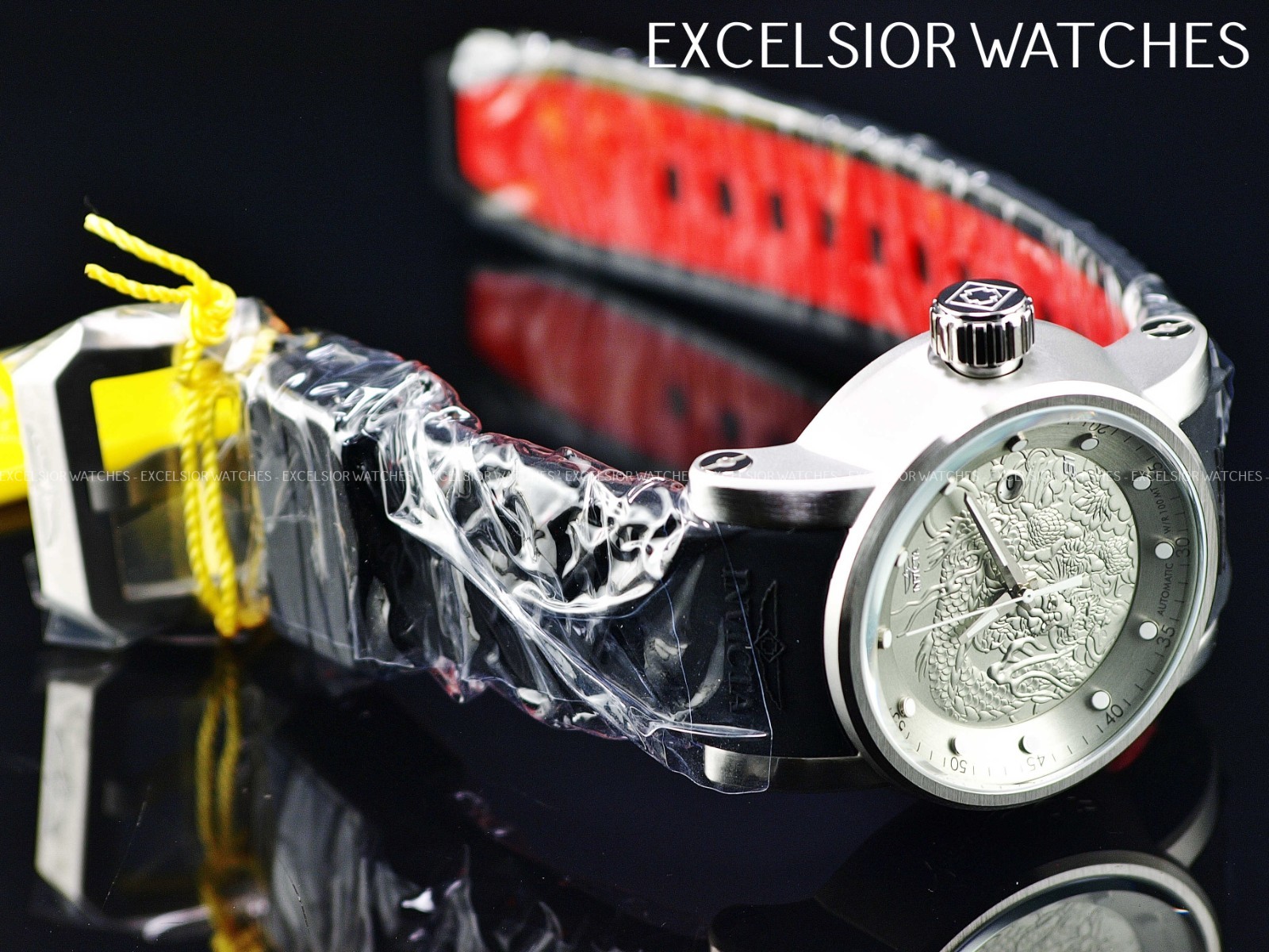 Invicta 48mm S1 YAKUZA DRAGON NH35A Automatic Silver Dial Black Silicone Watch