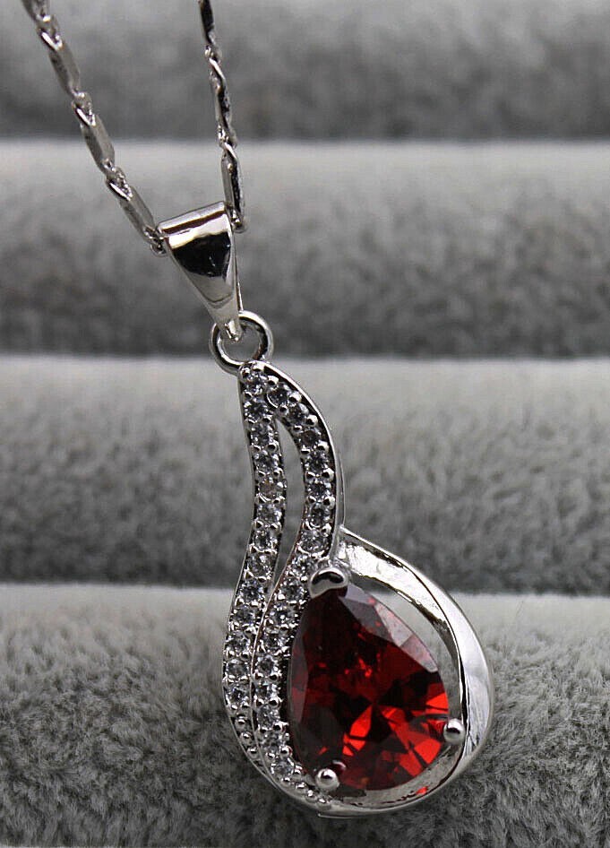New 18K White Gold Filled Red Teardrop & Clear CZ Accent Swirl Pendant Necklace