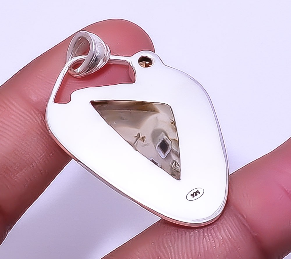 Stick Agate & Smoky Quartz 925 Sterling Silver Two Tone Pendant 1.76″ A330