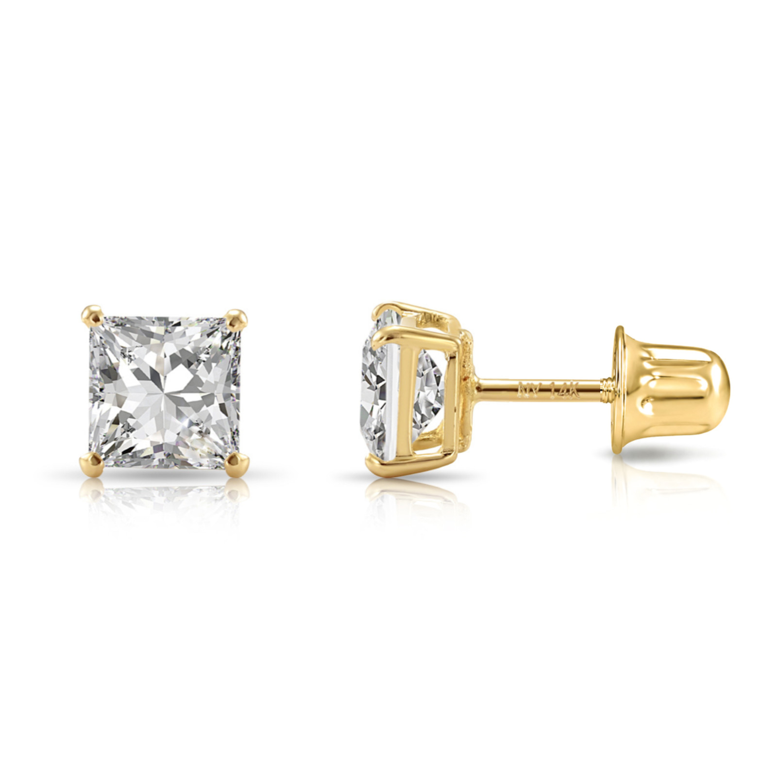 14K Real Solid Gold D FL Diamond Princess-Cut Solitaire Studs Earrings Lab Grown