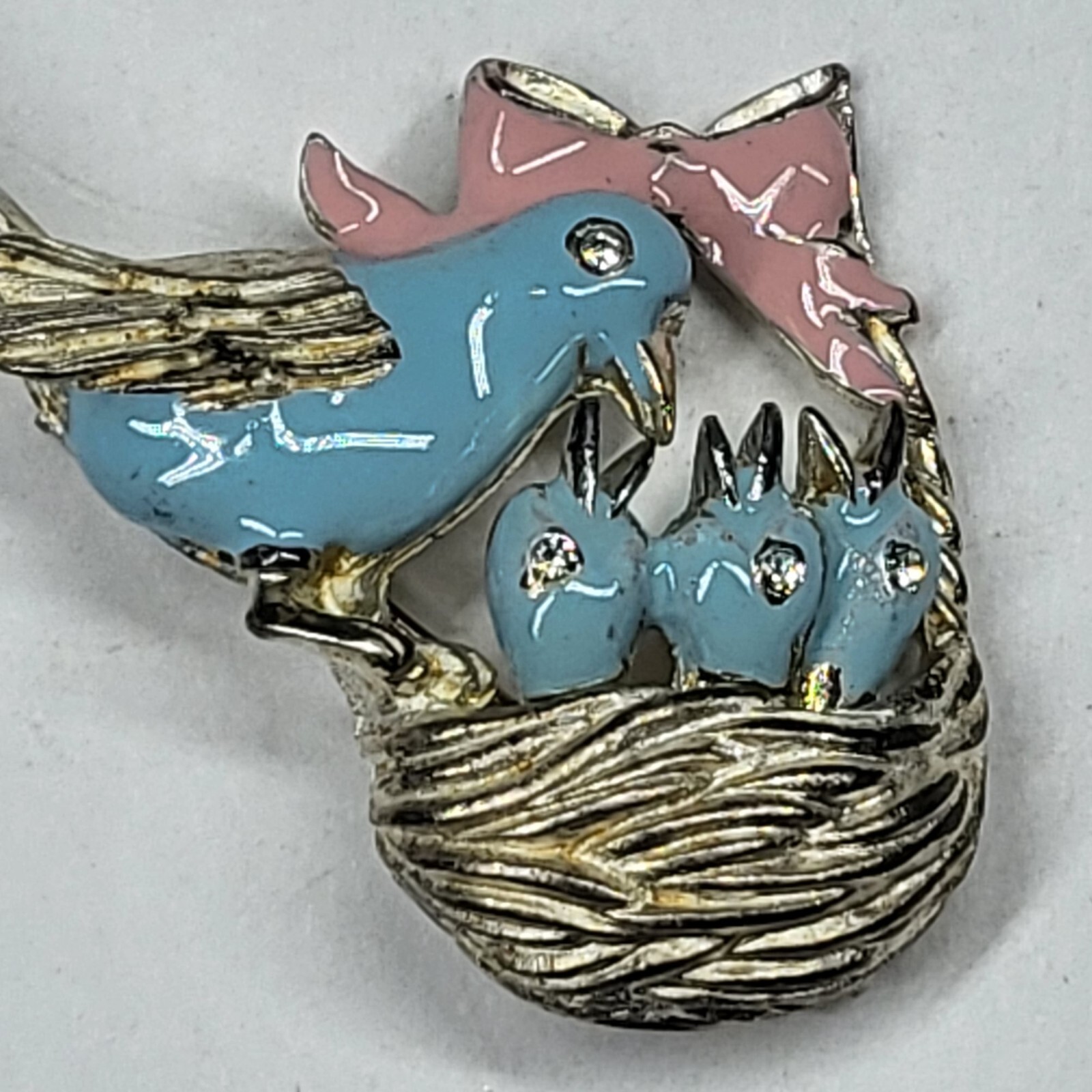 Bird Nest Pin Vintage Pink Blue Birds Signed Vero
