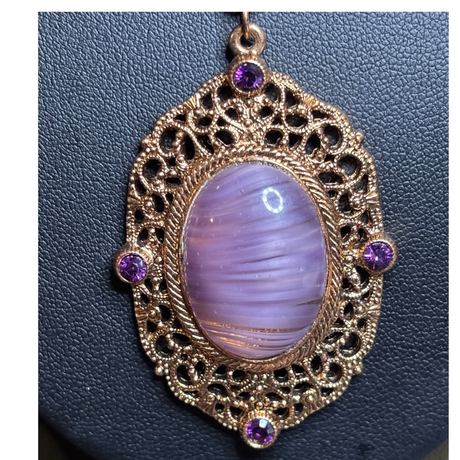 Amethyst Glass Quartz & Amethyst Crystal Filigree Pendant Necklace 30″