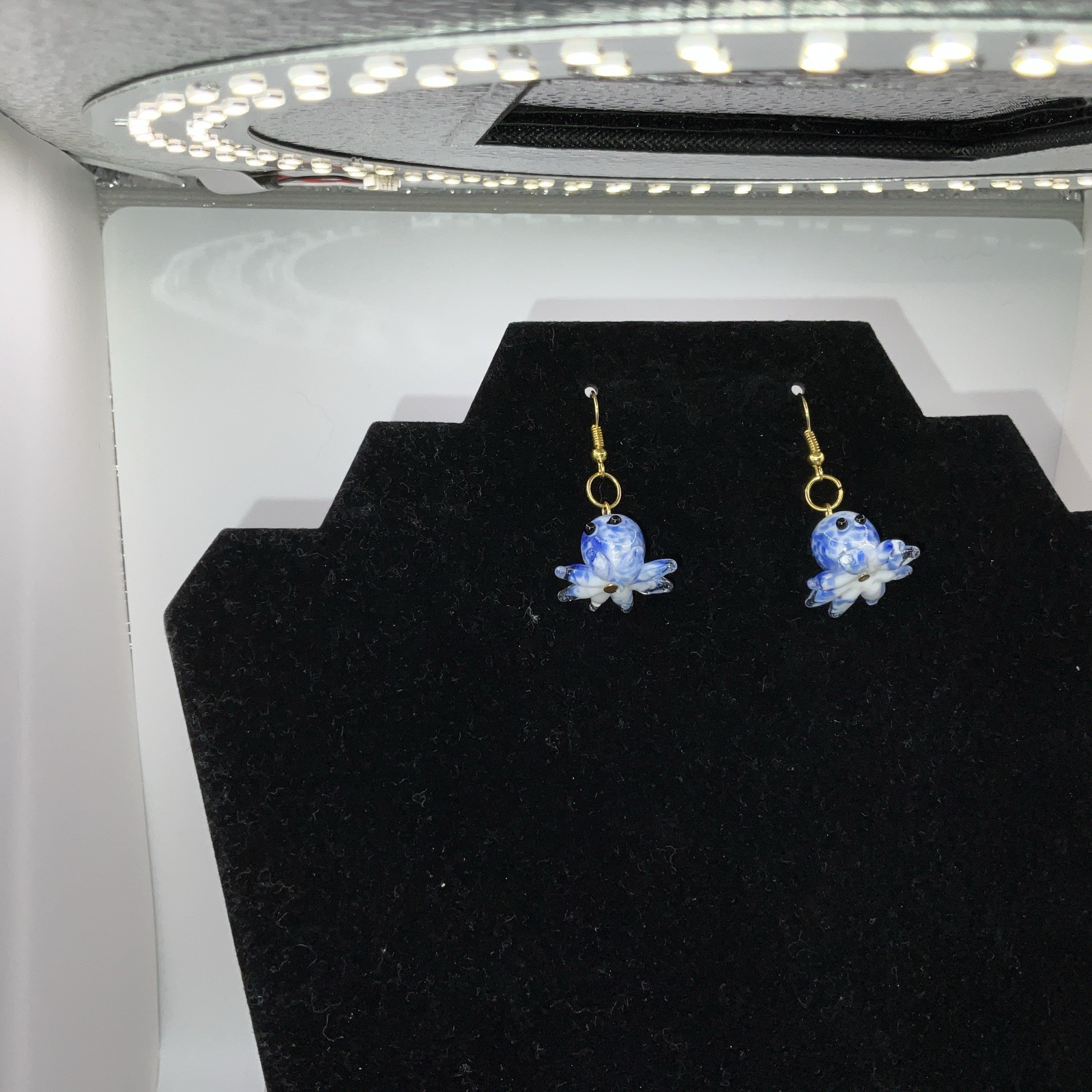 Blue & White Octopus Glass Earrings W/ Backs. Homemade 14k Extra Plated Gold New