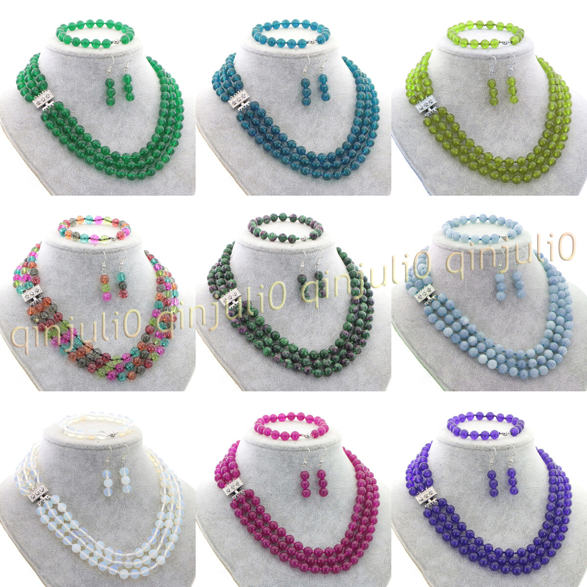 3 Rows Natural Multicolor Jade Round Gems Beads Necklace Bracelet Earrings Set