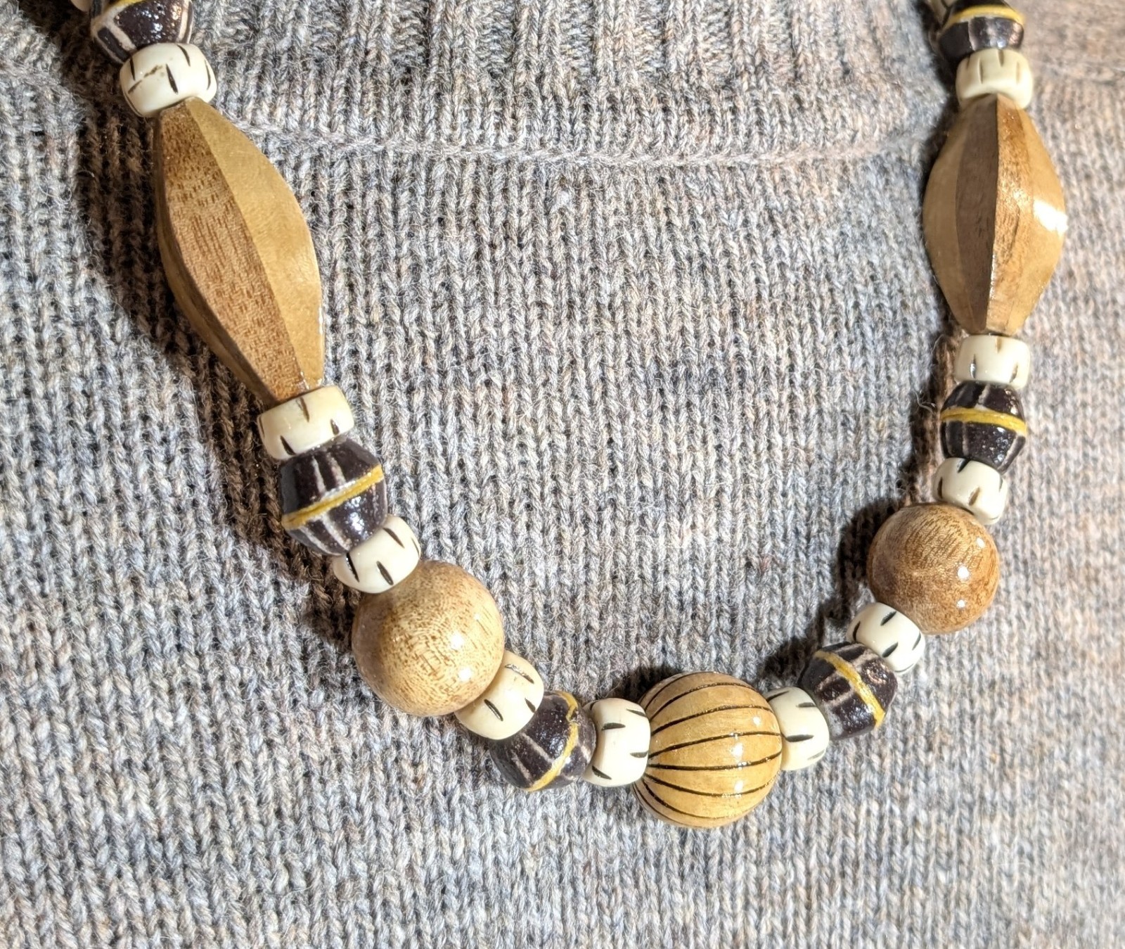 Tribal Wood Bead Necklace, African Krobo Bicone, Bone, Men’s 23in, Earth Tones
