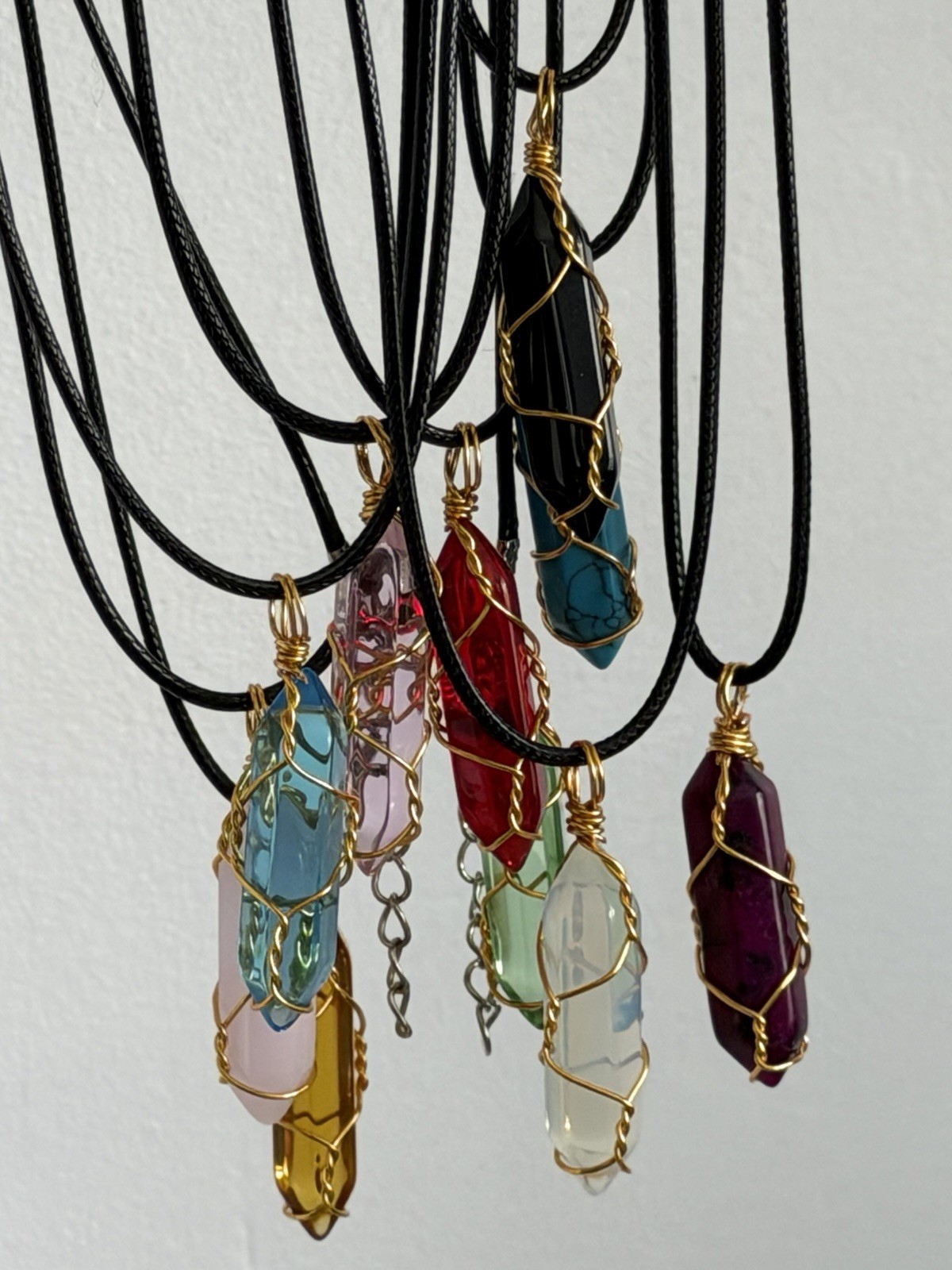 Gold Plated Wire Wrapped Red Crystal Point Teardrop Charm Cord Necklace