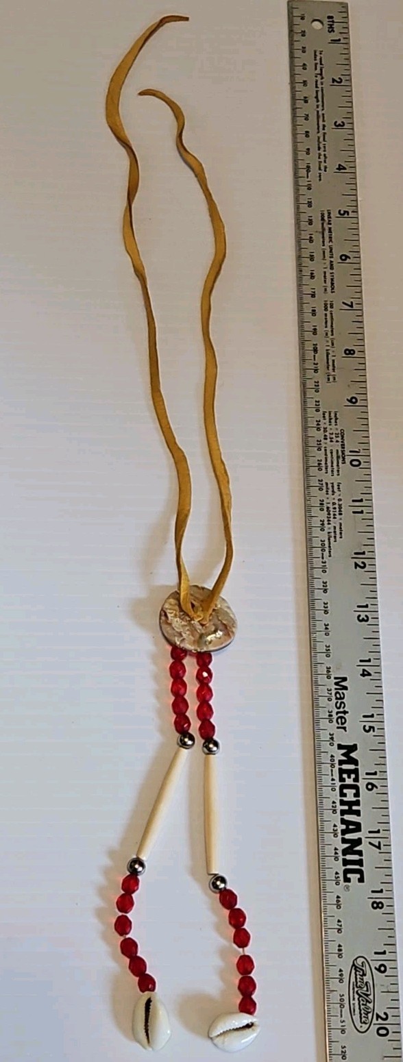 Tribal Design Leather Necklace Bone Shell Silver Abalone And Red Beads 17-20 in