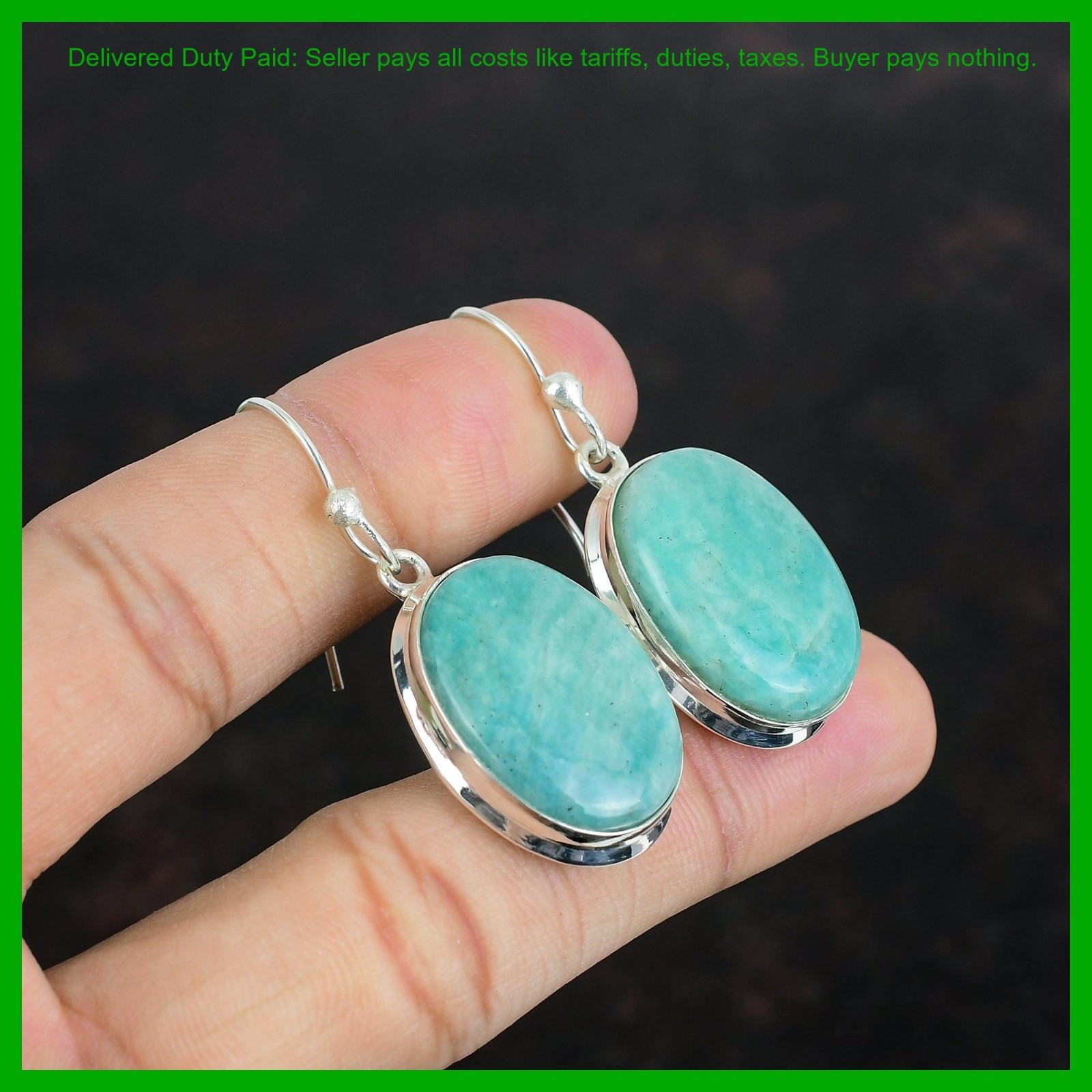 Oval Amazonite Gemstone Dangling Handcrafted Artisan Earrings Jewelry 925 Silver