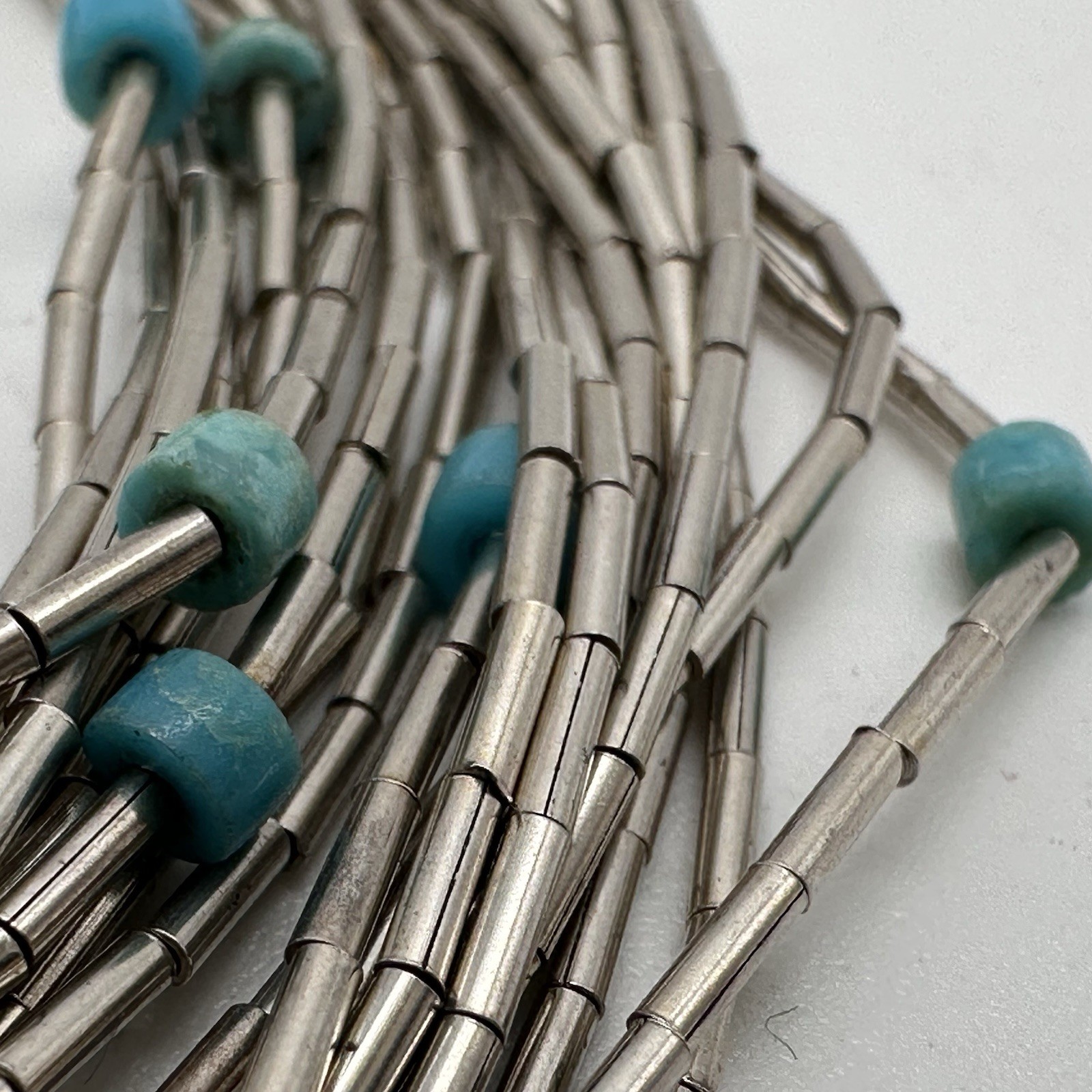 Liquid Sterling Silver & Turquoise Native American Necklace 25”, 10 Strand Vintg