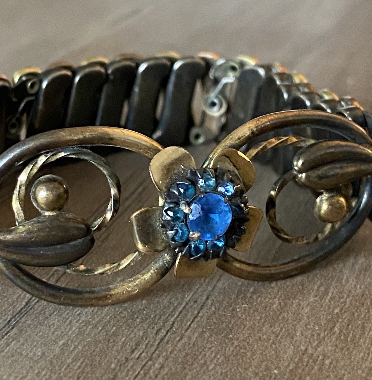 Vintage Lustern Bracelet 12K Gold Filled on Sterling w/Blue Gem Floral Accent