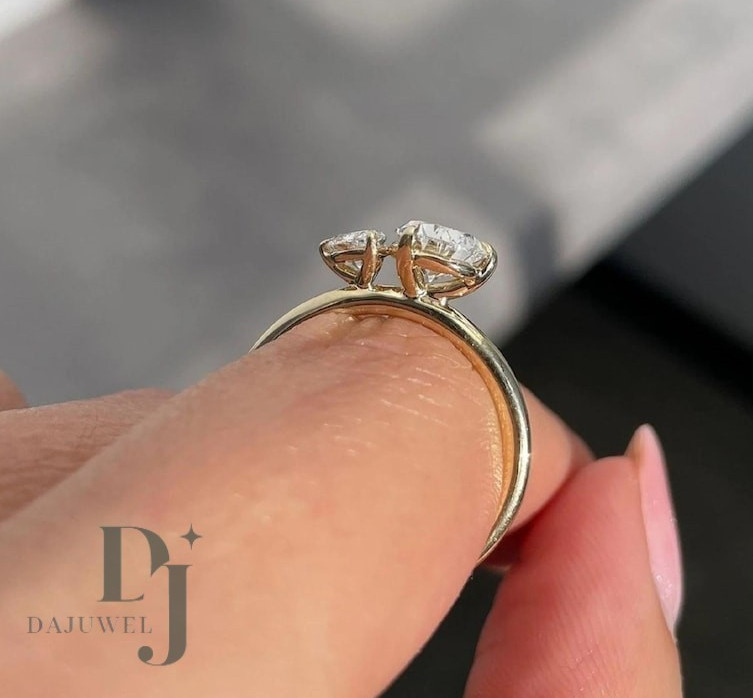 2.55 Carat Pear Cut Moissanite Toi Et Moi Engagement Ring Solid 14K Yellow Gold
