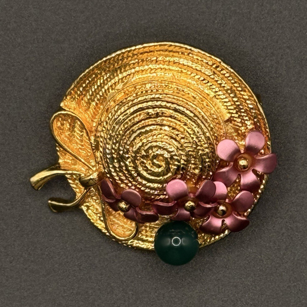 Gold Tone Round Enamel Flower Brooch Pin Back, Pink & Green, Metal, Plants