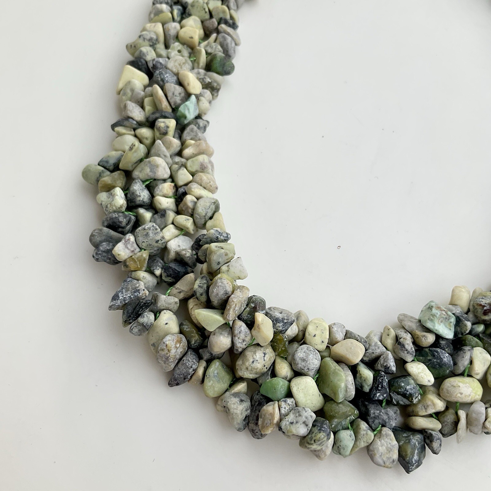 Handcrafted Green & Beige Chipped Gemstone Collar Statement Necklace, 17 Inches