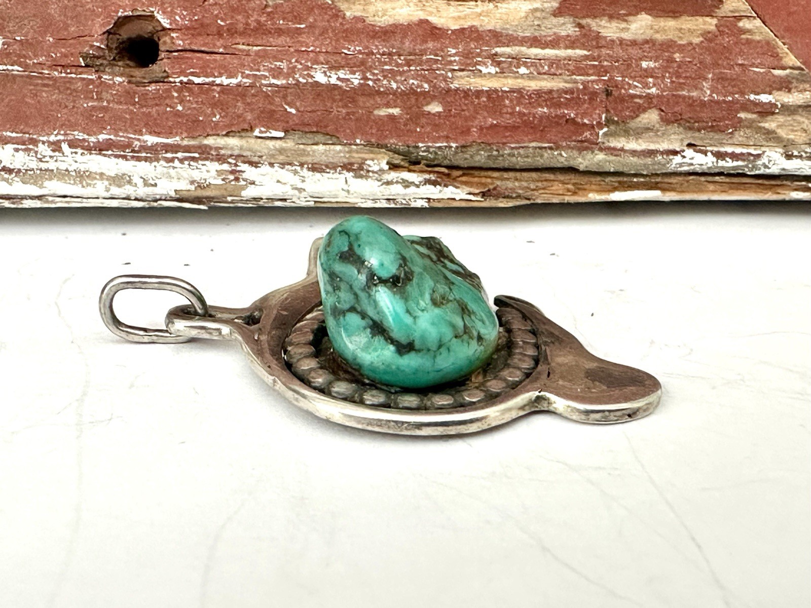 Sterling Silver 925 Abstract Turquoise Vintage Modernist Retro Pendant Handmade