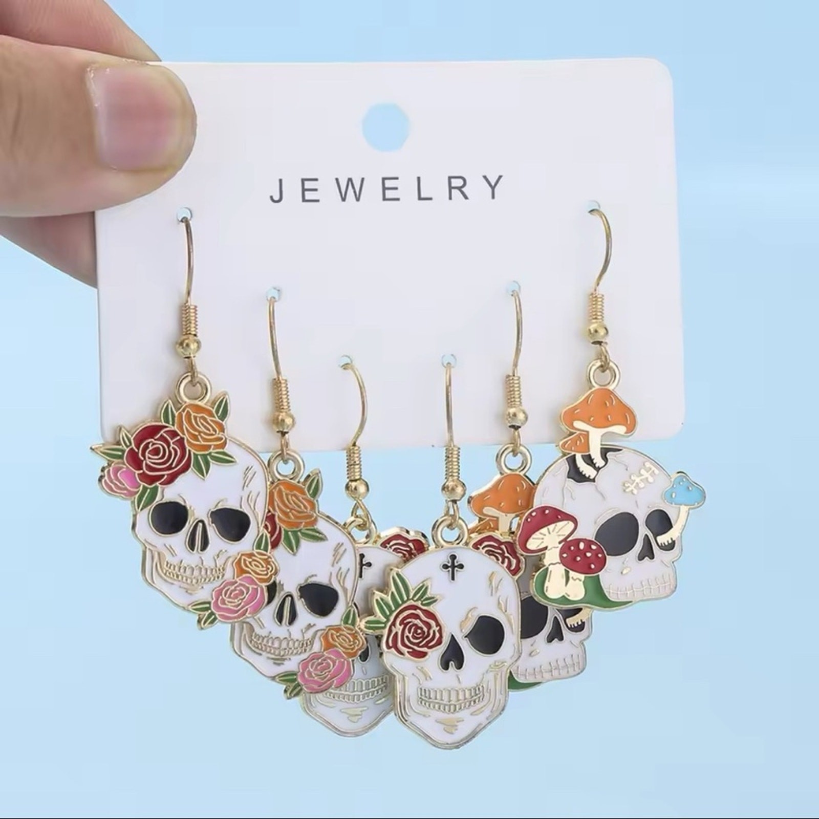 New – 3 Pairs of Flower Skull Dangle Earrings
