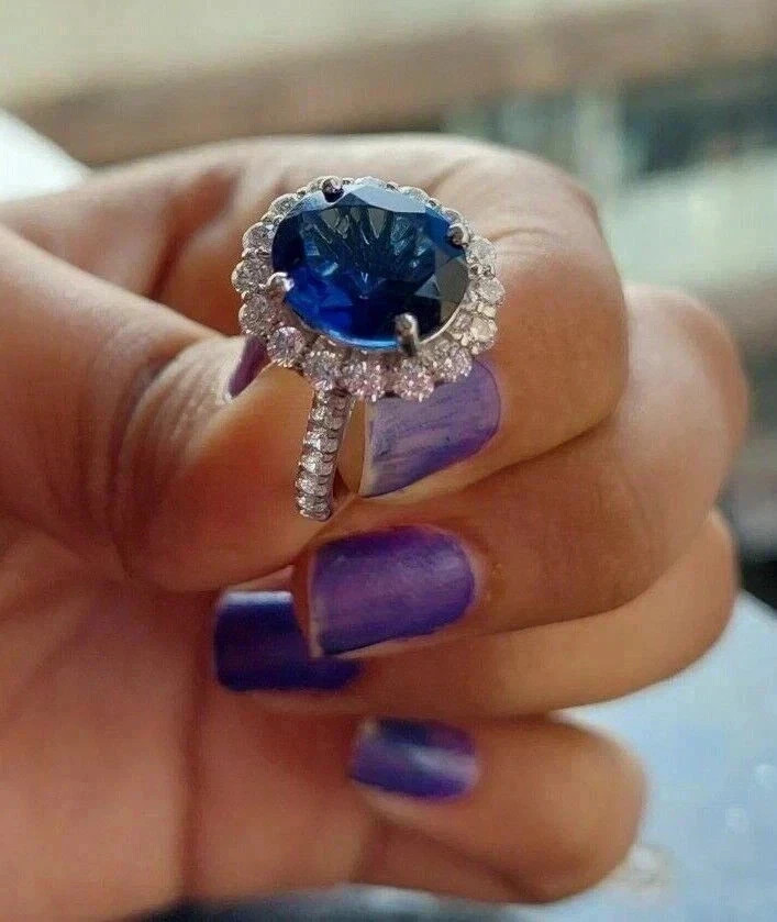3.40Ct Oval Natural Blue Sapphire & Diamond Wedding Ring 14K White Gold Size 6