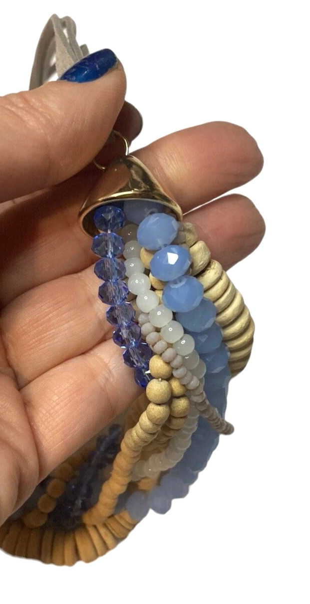 NWT NYC Lydell bohemian boho statement unique necklace blue yellow tangle beaded