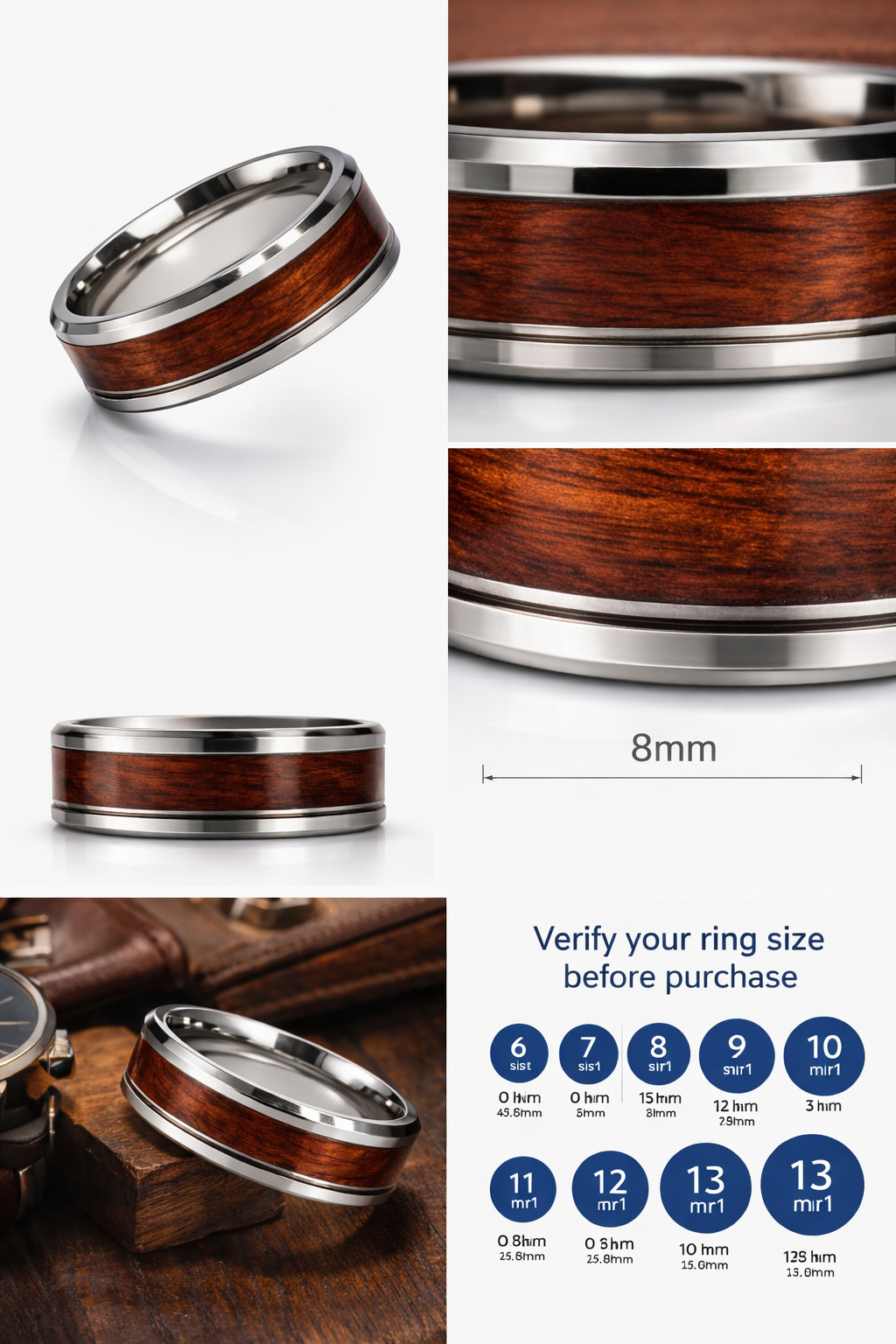 Men’s Tungsten Carbide Ring 8mm Wood Grain Design Wedding Band Comfort Fit