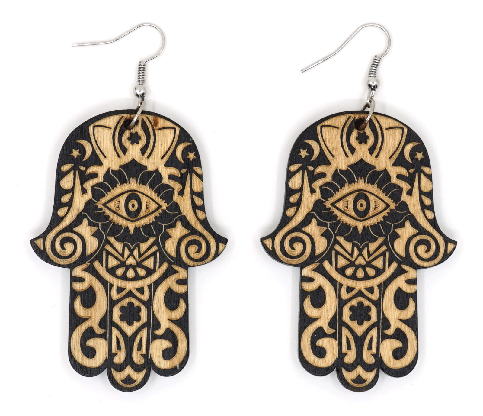TB Hamsa Hand of Fatima Evil Eye Colorful Wood Natural Dangle Fashion Earrings