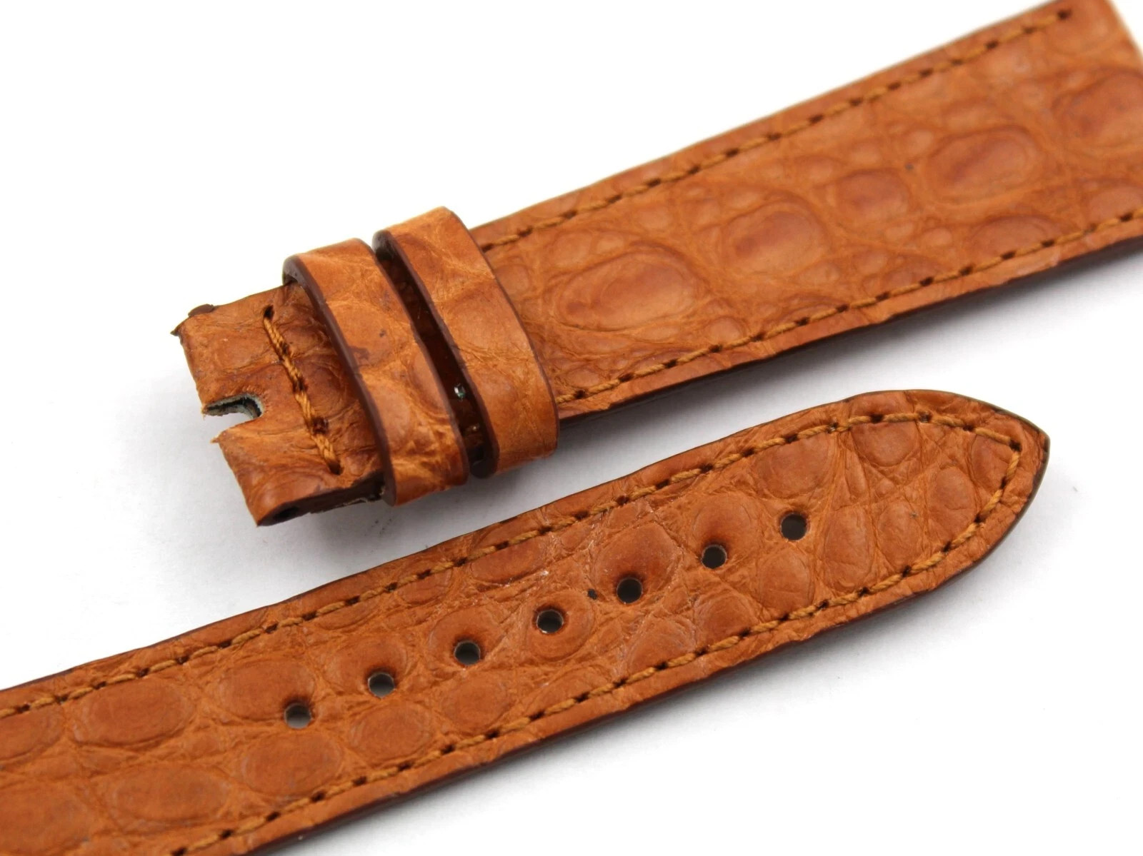 Genuine Crocodile Leather Strap Brown Gold 20/16mm Handmade Flat Top