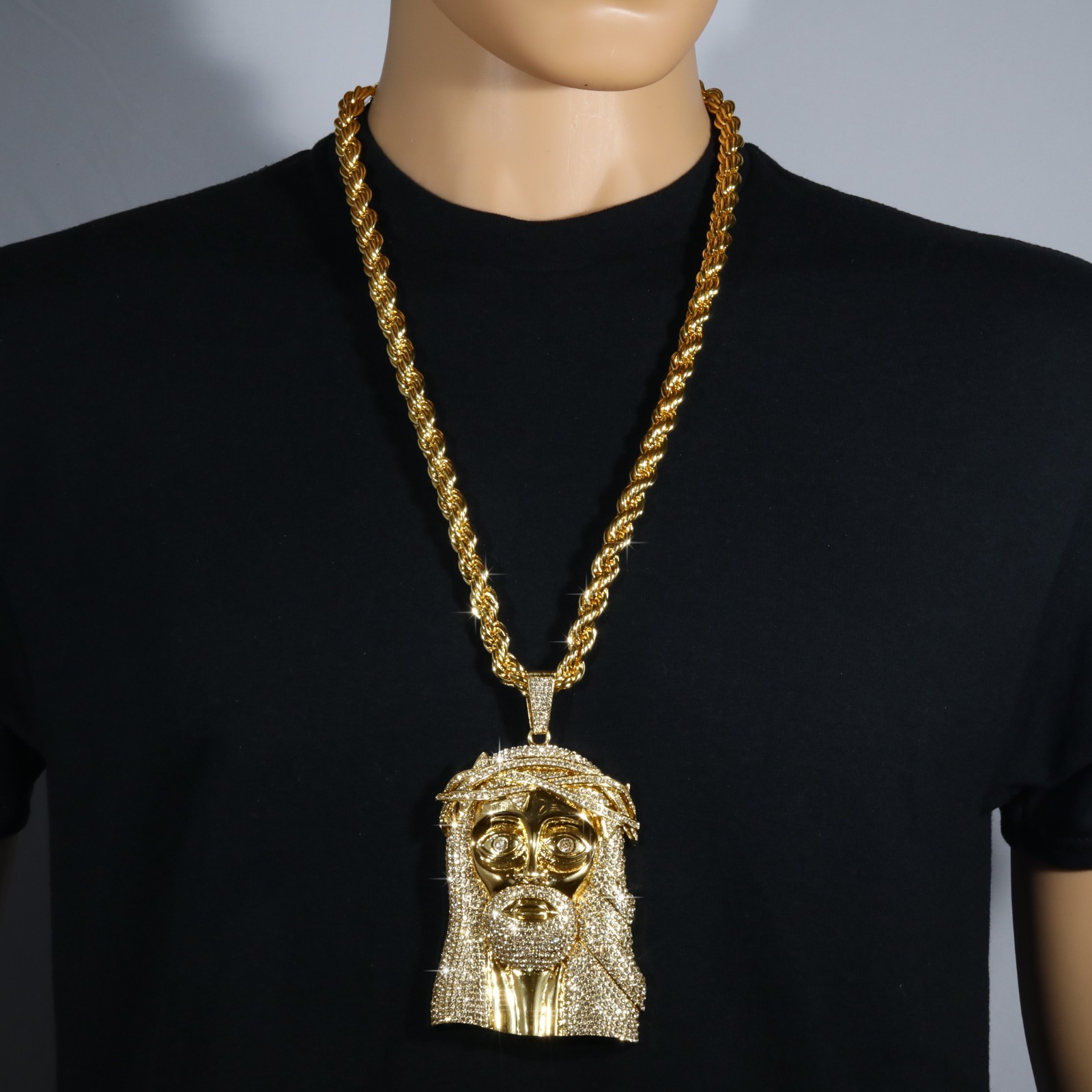 14K Rope Chain 10mm 24″ & 30″In | Jesus Piece Face Head Gold Plated XXL Hip Hop