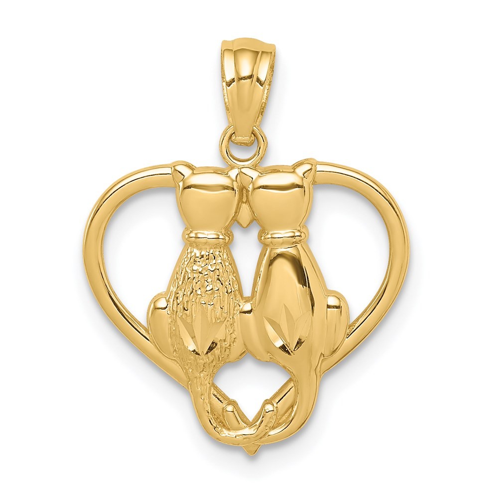 14k Yellow Gold Sitting Cats in a Heart Pendant 0.89 g