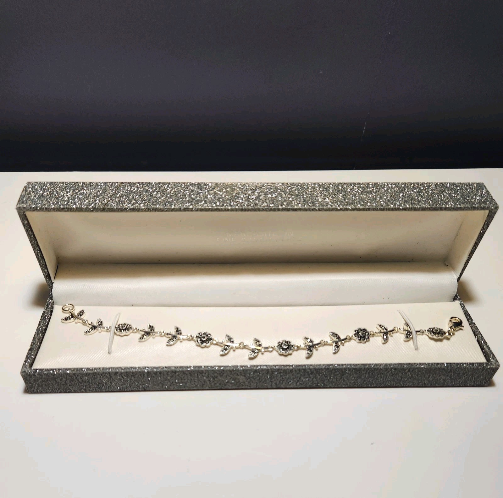 Marcasite In Fine Silver Plate Flower Leaf Vine Bracelet 7.5 Inches Gift Box