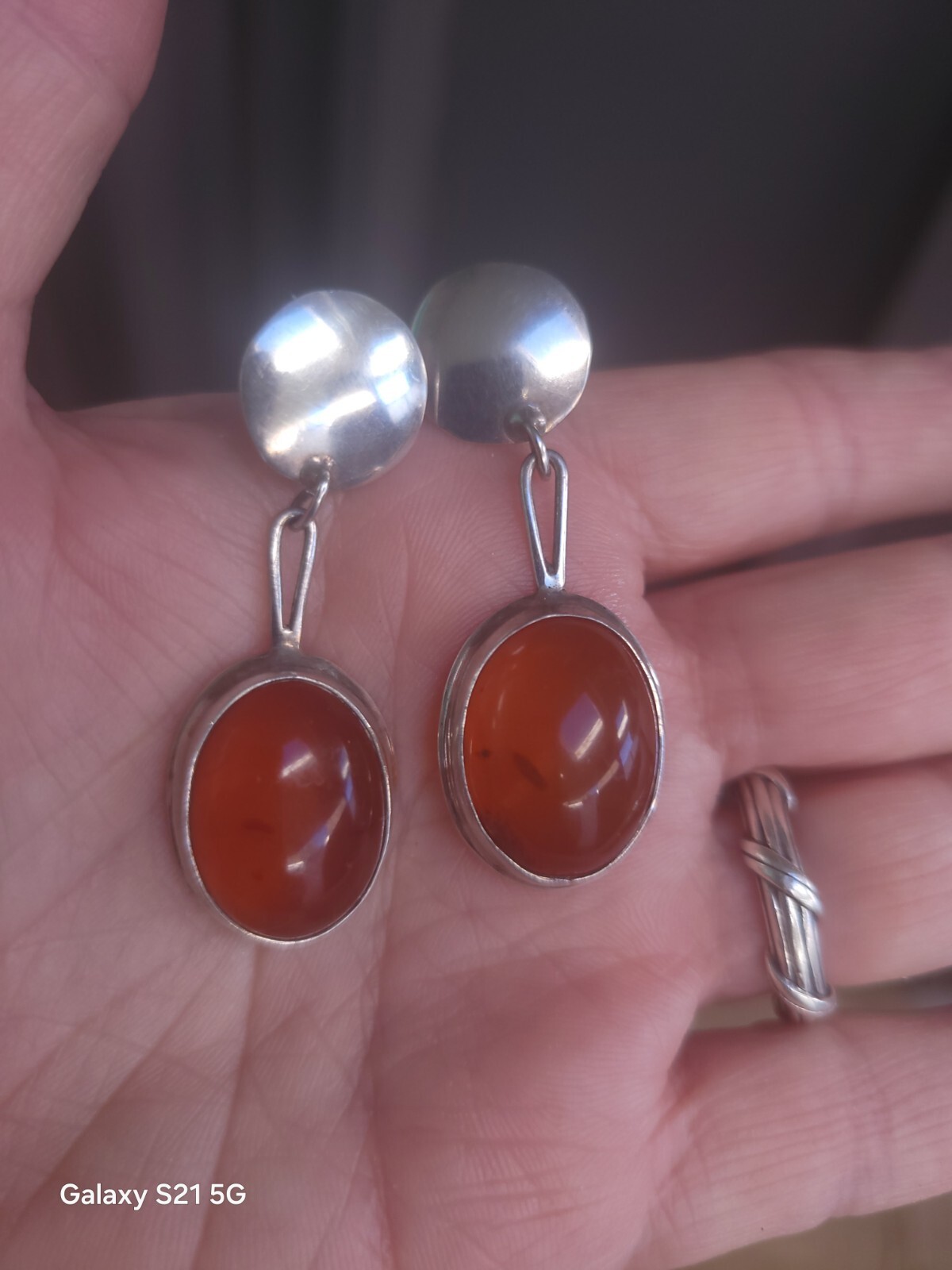 Susan Cummings 2″ Pierced Earrings Modern Silver & Amber McClure’s Nashville Tn
