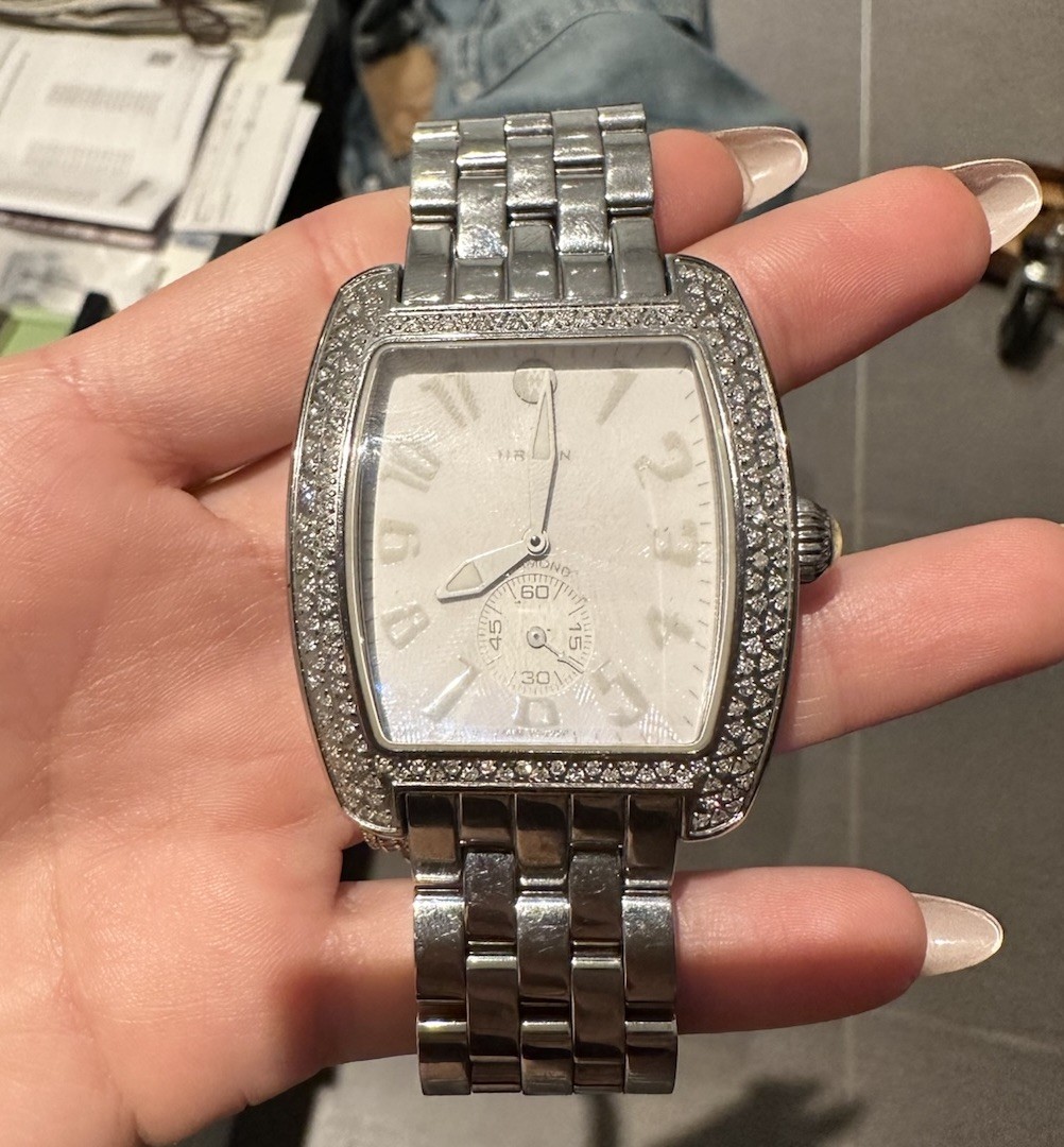 MICHELE Urban Diamond Bezel Quartz 38mm Tonneau White Dial Silver Bracelet